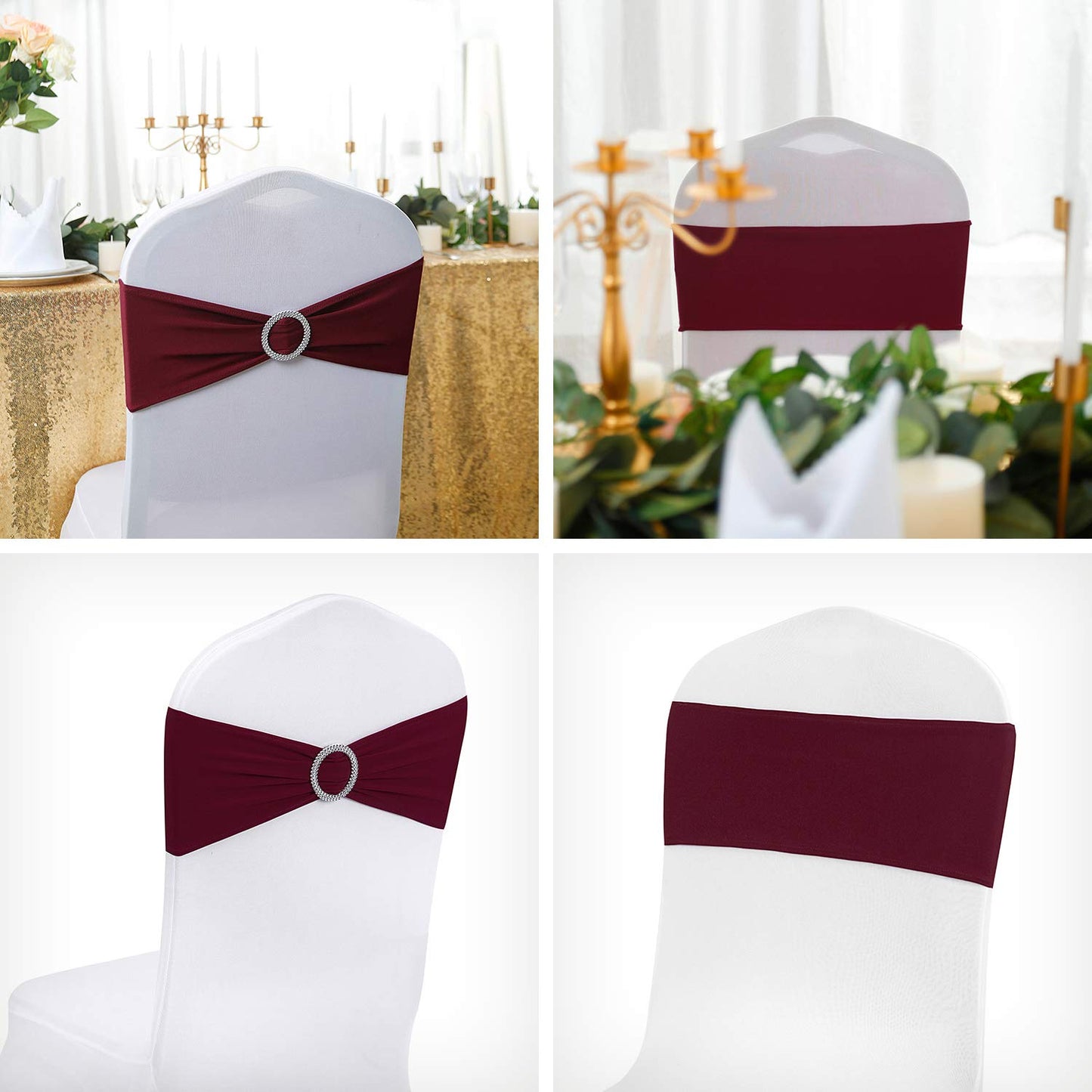 Peomeise 50pcs Burgundy Spandex Chair Sashes with Buckle Slider for Wedding, Party Decoration