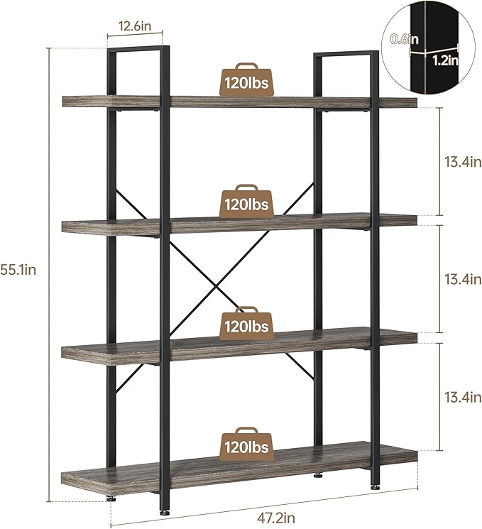 OtterOasis Heavy Duty 4-Tier Industrial Bookcase, 120lbs Shelf Capacity