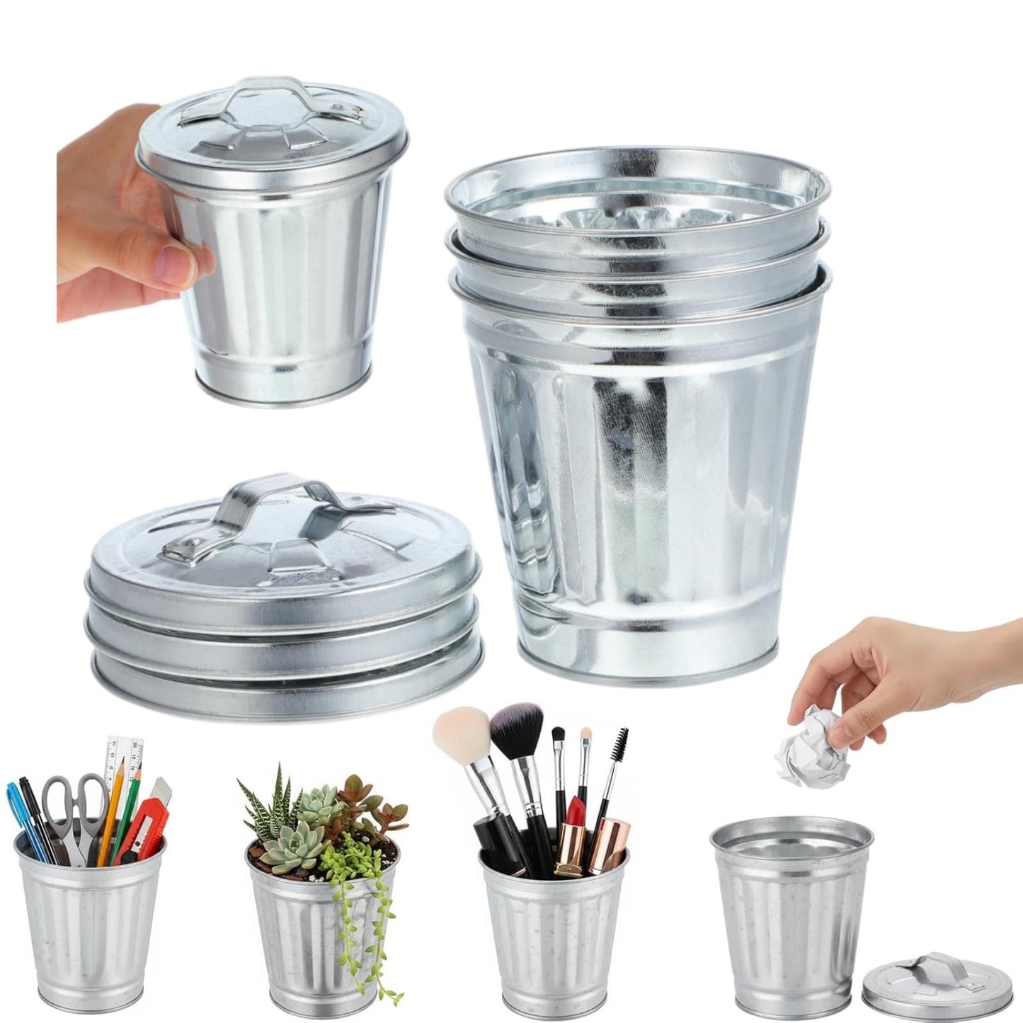 12Pcs Small Desk Trash Can with Lid | 9 x 9.5 x 6.5 cm | Galvanized Steel | Multifunctional Organizer | Pen Holder for Desk | Small Ashtray with Lid | Trash Bin Candy Party Favors | Mini Flower Pot