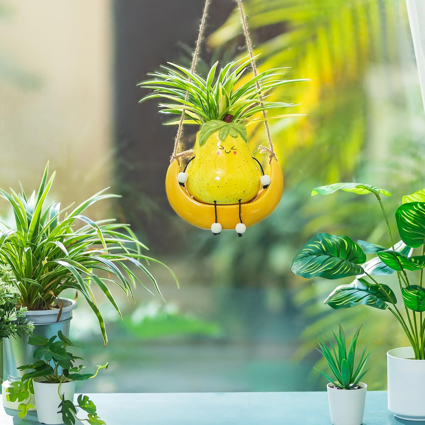 Walasis Cute Hanging Planter Pot for Indoor - Swing Smiley Planter for Outdoor Plants - Ceramic Succulent Plant Pot with Face
