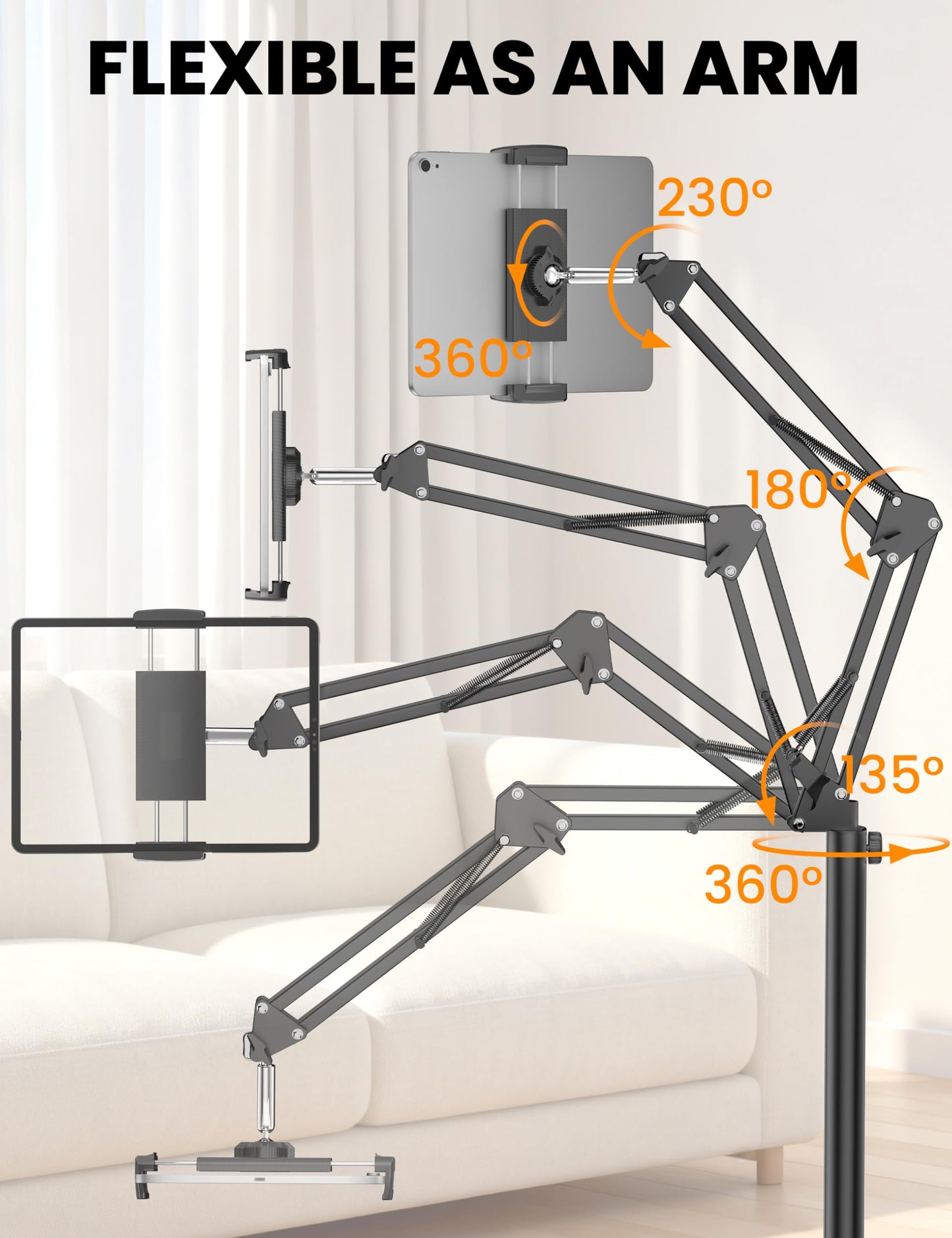 Tablet Floor Stand, 360-Degree Rotatable Metal Tablet Holder Stand, Adjustable Height and Angle iPad Stand,Universal Tablet Holder for iPad/Phone/Kindle/Tabs/E-Readers and all 4.7~12.9” Screen Devices