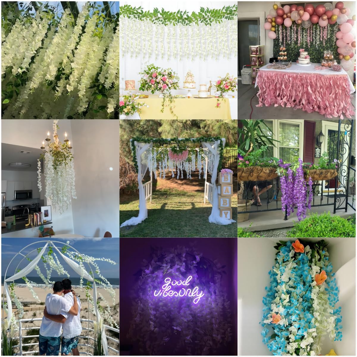 GPARK (36 Branches 12 Pack /45 inch /3.7ft Wisteria Hanging Artificial Flowers Fake Bushy Silk Vine Garland String for Wedding Party Garden Greenery Home Wall Deco Beige+Green+White