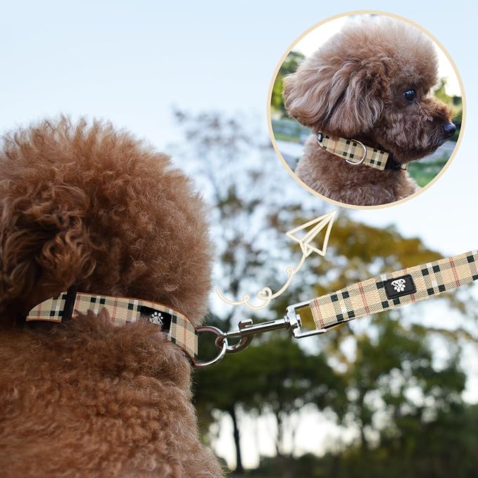 NESTROAD Dog Collar and Leash Set,Soft Neoprene Pet Collar with Quick Release Buckle,Adjustable Nylon Dog Collars for Small Medium Large Dogs(Large,Cherecked Beige)