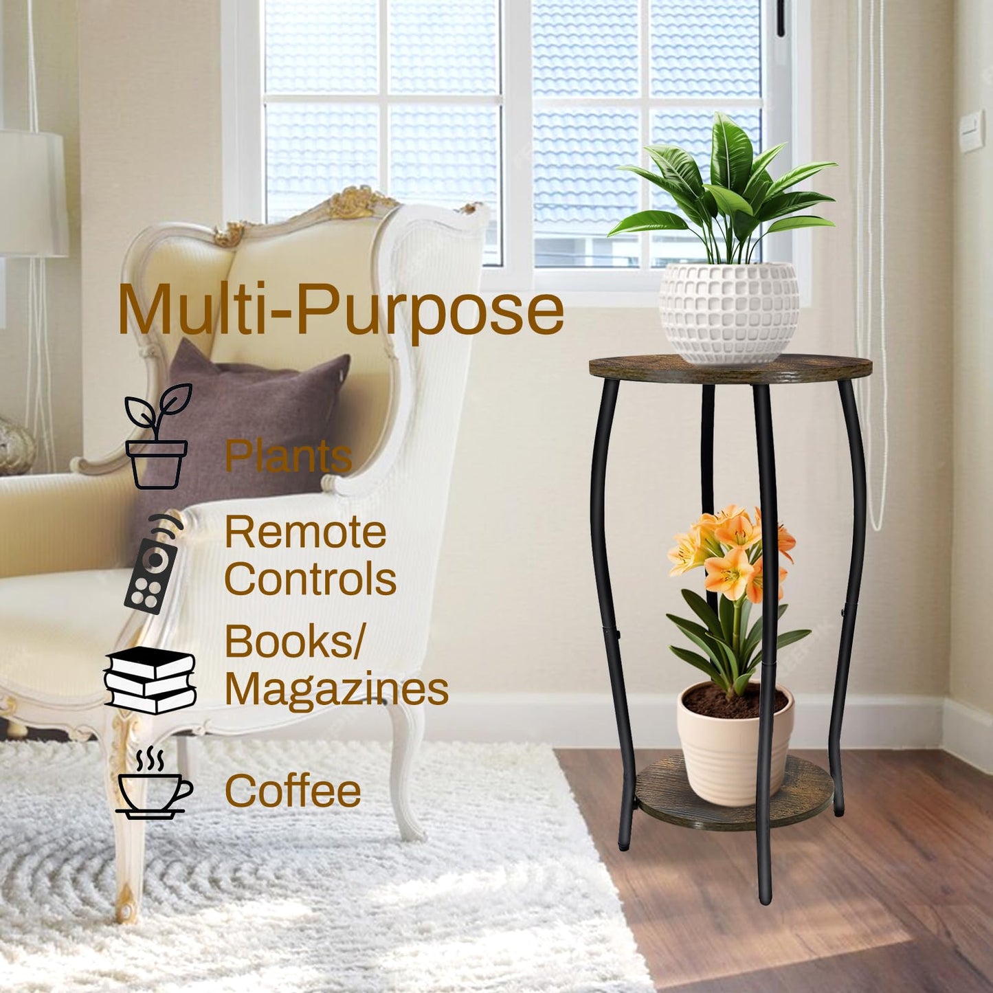 Uniqcovosa Plant Stand Indoor, 2 Tier Tall Wood Plant Stand, 4-Leg Floor Corner Plant Stands, Heavy Duty Plant Shelf Plant Rack Flower Stands For Home Decor, Brown