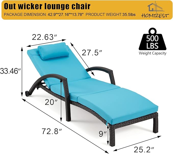 HOMREST Chaise Lounge Chairs Set of 6, PE Rattan Wicker Lounge Chair