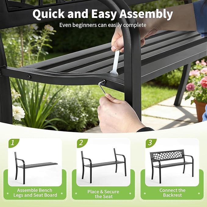 Garden Bench, Outdoor Benches, Iron Steel Frame Patio Bench