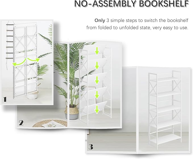 4NM 6 Tiers No Assembly Book Shelves, 61.8" H Folding Bookshelf Bookcase Open