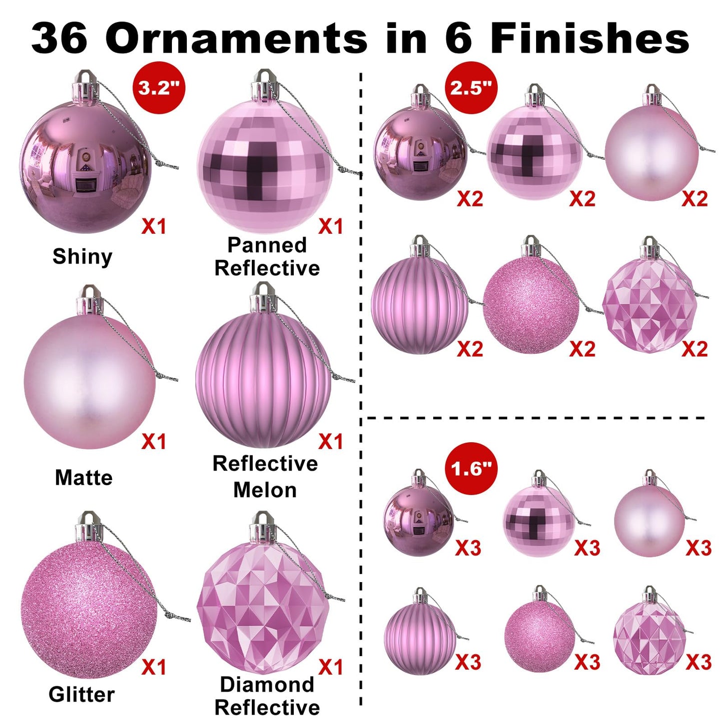 Bubblegun Pink Christmas Ornaments - Christmas Tree Decorations Shatterproof Hanging Balls for Birthday Wedding Holiday Decor Set of 36pcs, Multi-Sizes(1.6",2.5",3.2")