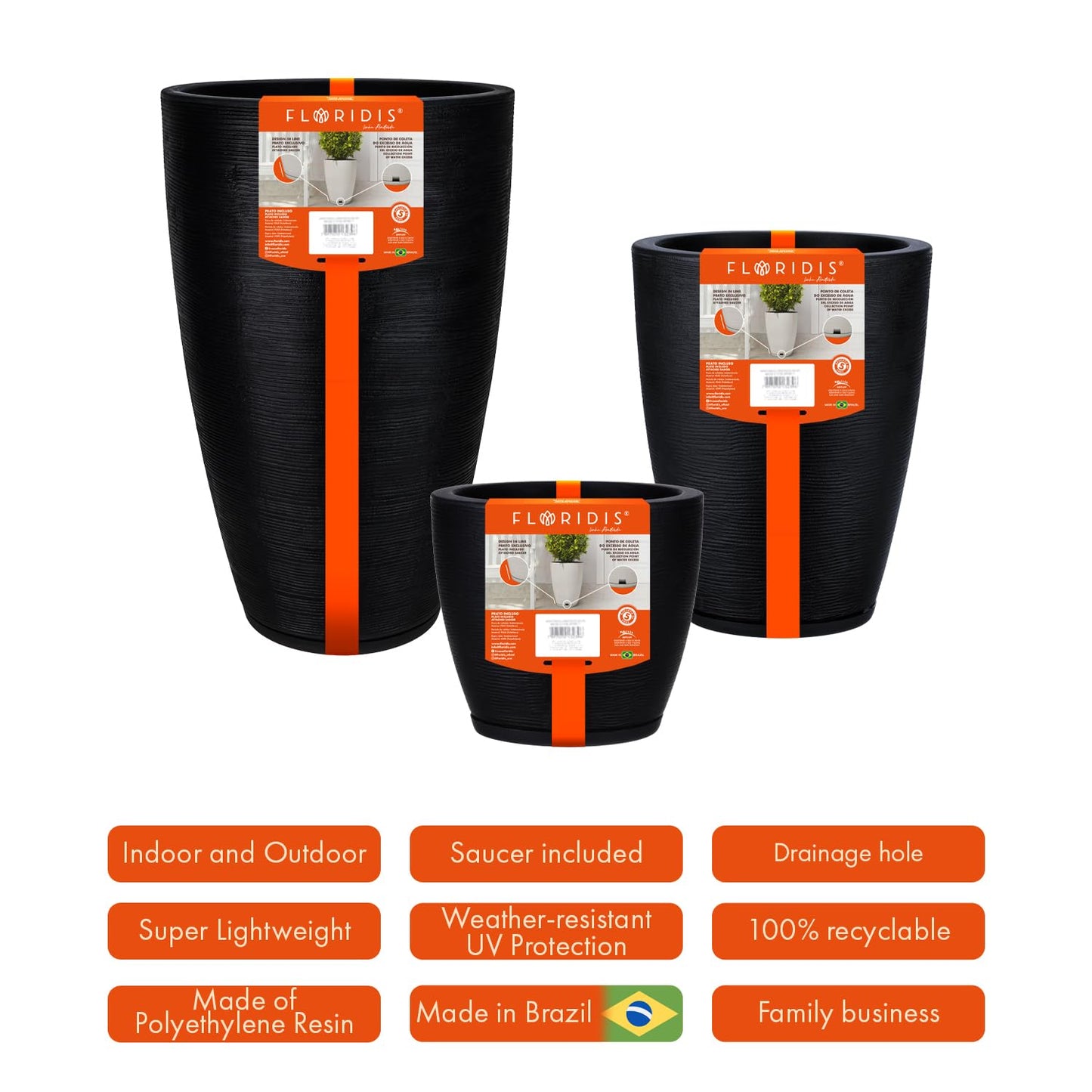Floridis Set of 3 Black Planters for Indoor Outdoor Plants, 11/17/25 Inch Plastic Plant Pots with Drainage Hole and Saucer for Patio and Front Porch