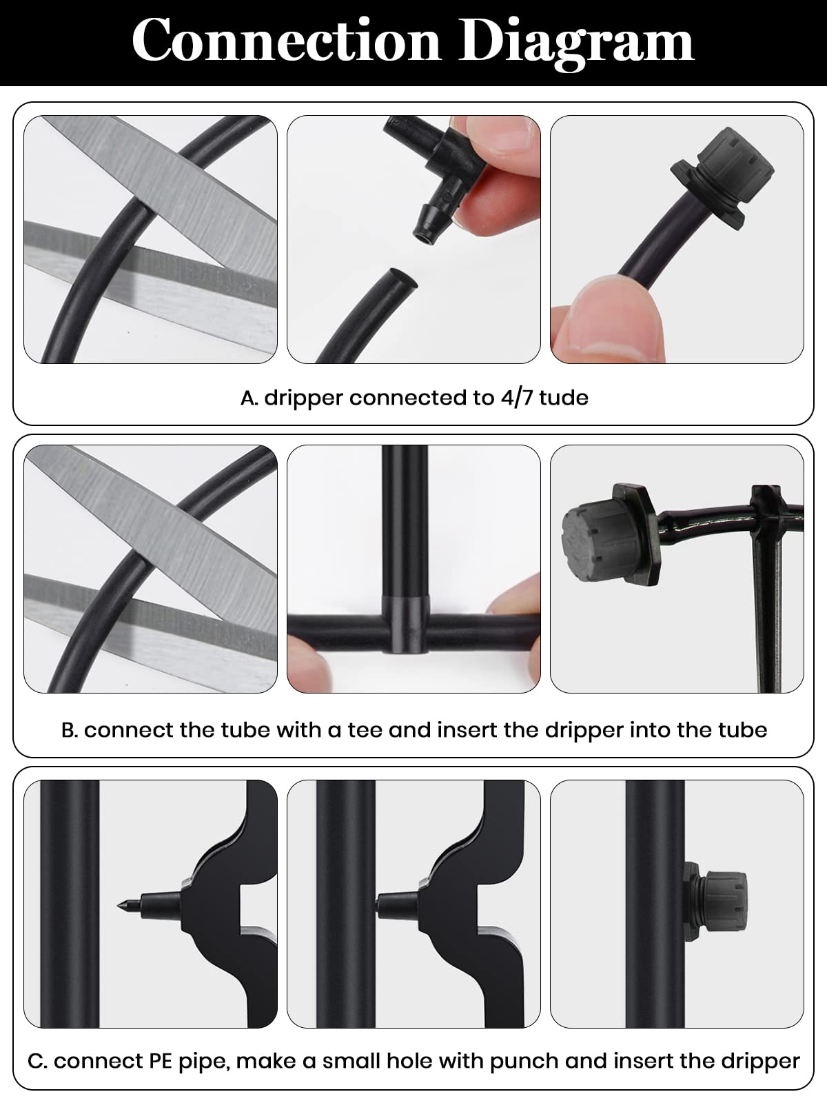 Kalolary 200Pcs Adjustable Irrigation Drippers, 1/4 Inch Barbed Drip Emitter 360 Degree Watering Sprinklers Anti-Clogging Drippers for 4mm/7mm Garden Watering System