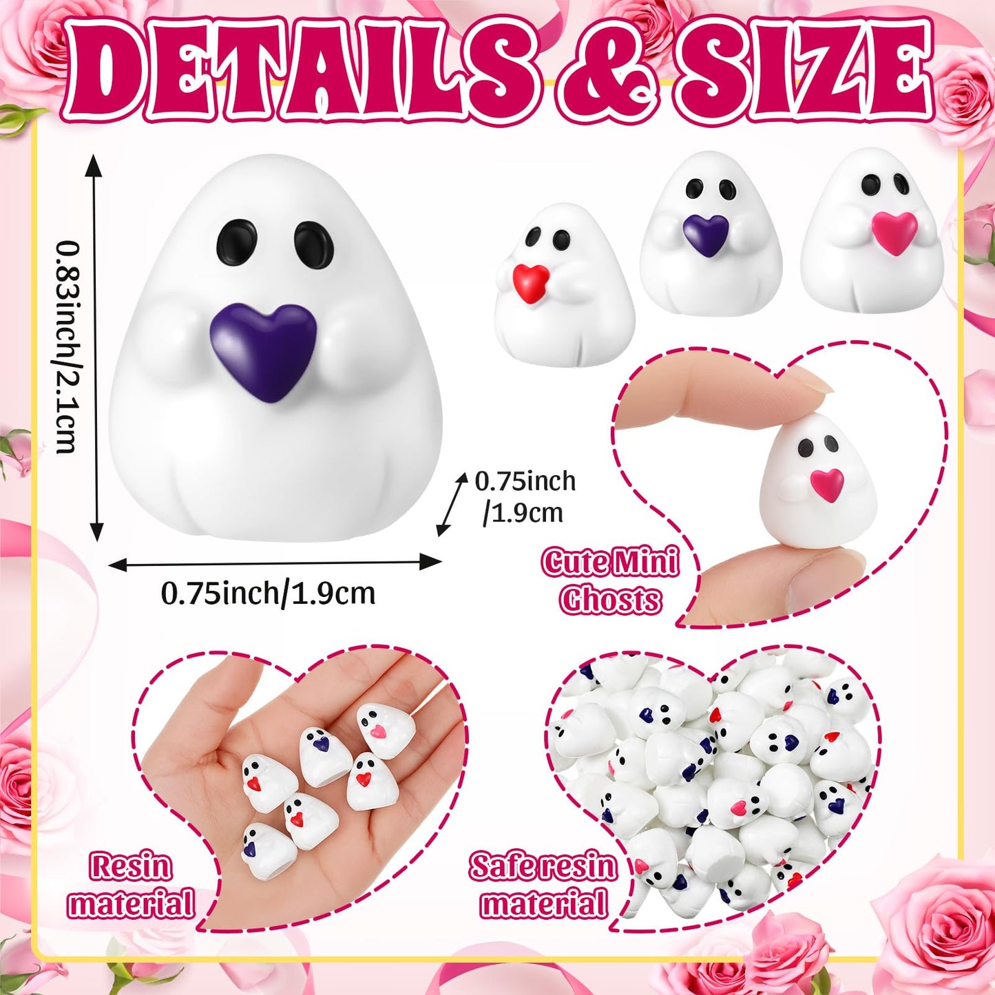 Soulchen 60 Pcs Mini Ghost Figurines Cute Miniatures Tiny Resin Ghost with Red Heart Little Small Resin Figures for Desktop Cake Landscape Decor Mother's Day Party Gifts(Pink,Purple,Red)