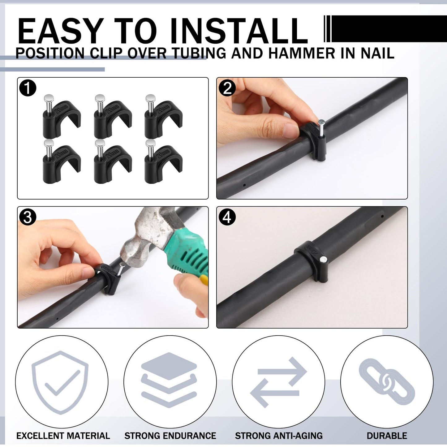 Leriton 100 Pcs Drip Irrigation 1/2" and 5/8" Tubing Mounting Clips, Firm and Easy to Install, Drip Irrigation Kit Connector, Black