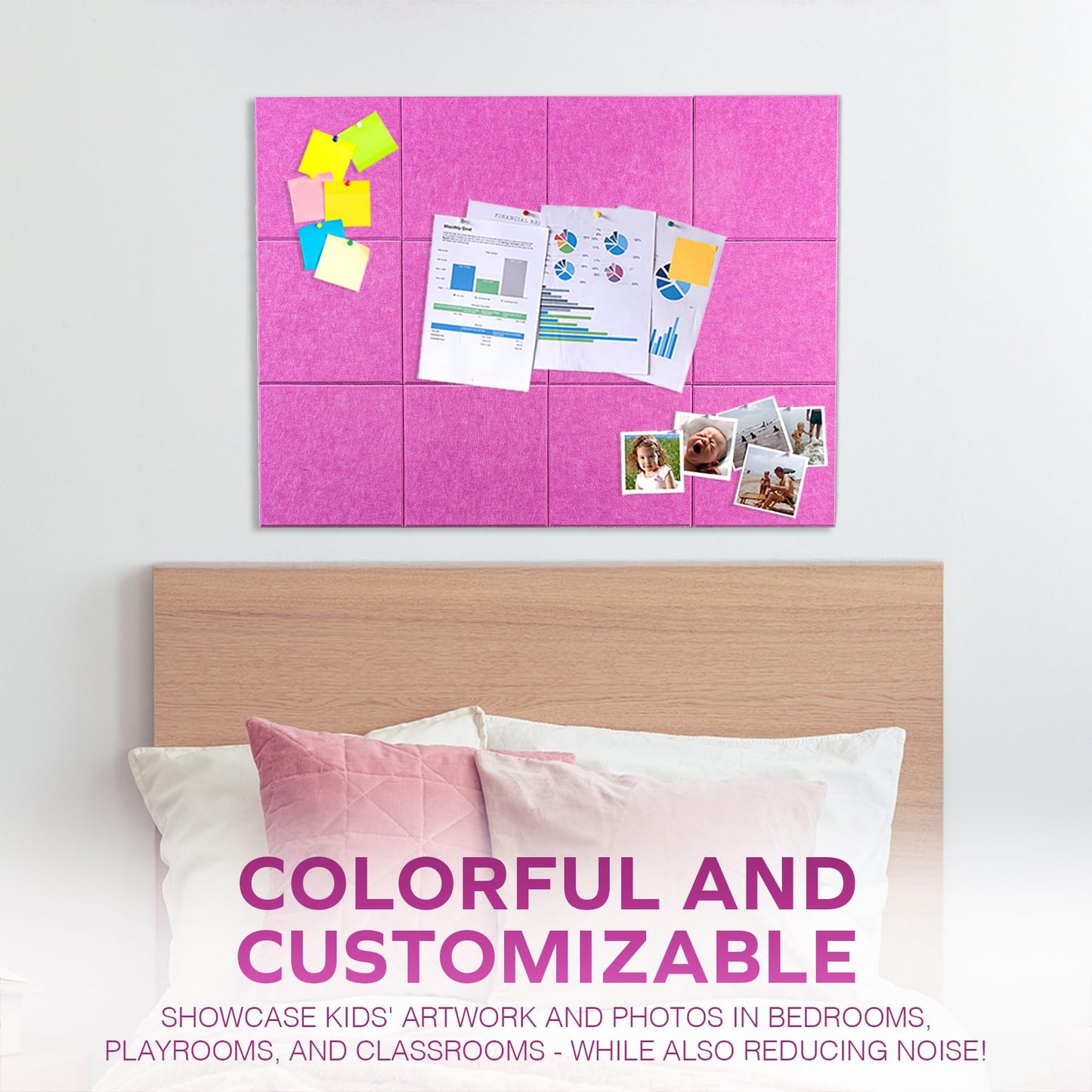 Bulletin Board 40x30in, 12 Count 9.8 x 9.8in Felt Wall Tiles with Removable Adhesive Tape, Cork Board Alternative for Walls, Wall Decor, Kids Art Display, Kids Room (Magenta Collection)