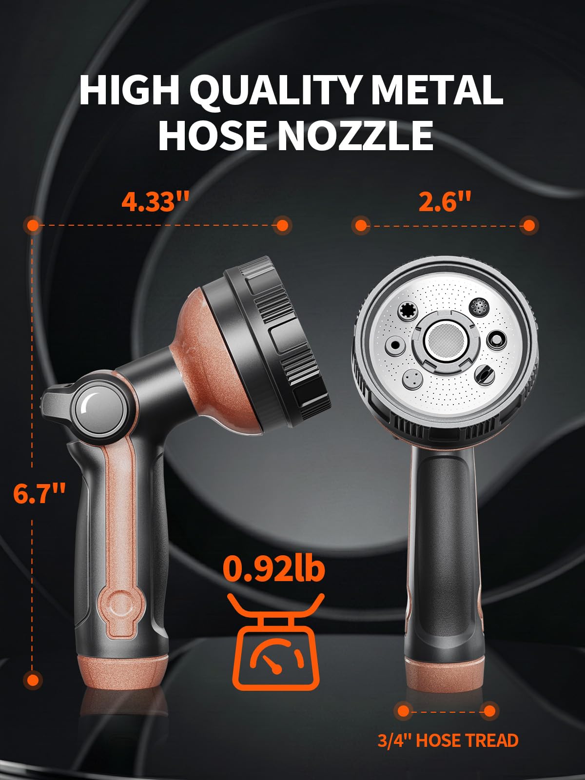 Garden Hose Nozzle, Metal Water Spray Nozzle with 8 Spray Patterns & Thumb Control, Heavy Duty Full Shower Water Nozzle for Lawn & Plant Watering, Car & Pet Washing, Black
