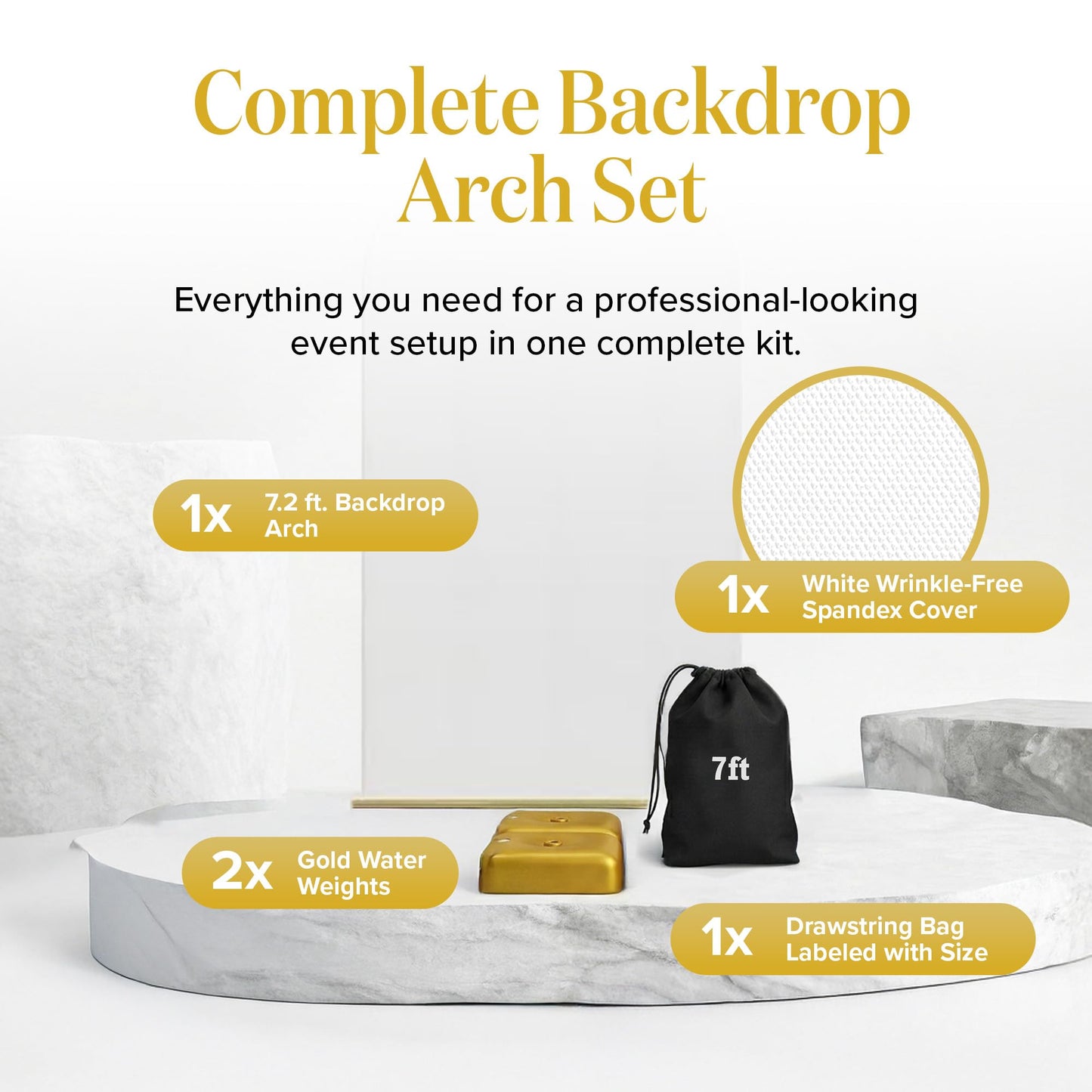 7.2FT Gold Wedding Backdrop Arch Stand with White Spandex Cover – Metal Frame, Water Weights & Storage Bag – Party, Birthday, Baby Shower, Bridal Shower, Wedding Ceremony, Photo Booth Decor