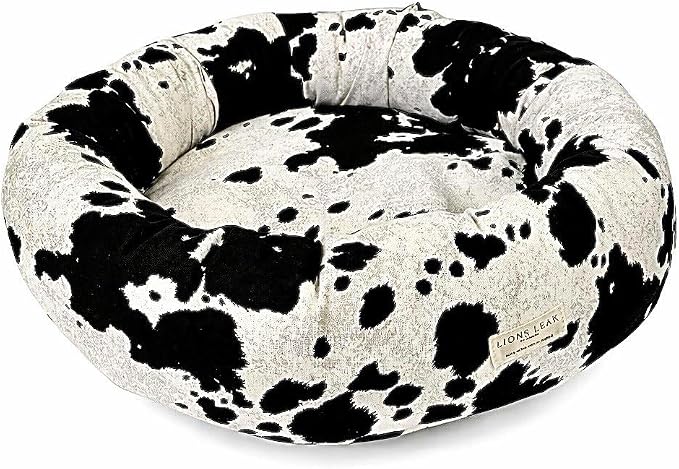 Round Dog Bed – Natural Canvas, Removable Washable Cover, Raw Cotton or Latex Fill, Hypoallergenic Non-Toxic, Made in USA (Cow Print Black White, X-Small, Soft Comfort – Organic Latex)