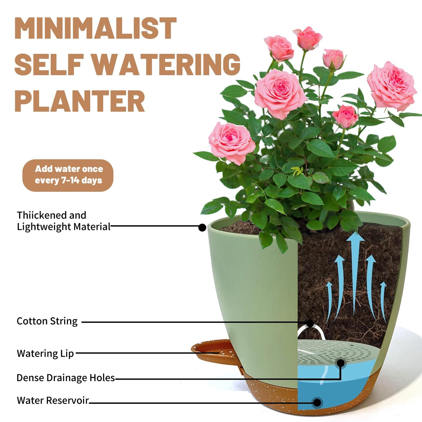 LIFFY Plant Pots, 8,7.5,7,6.5,6,5.5,5 Inch Plastic Self Watering Planters with Drainage Holes & Saucers, 7-Pack Green Nursery Planting Pot with Deep Reservoir for Indoor Outdoor Plants
