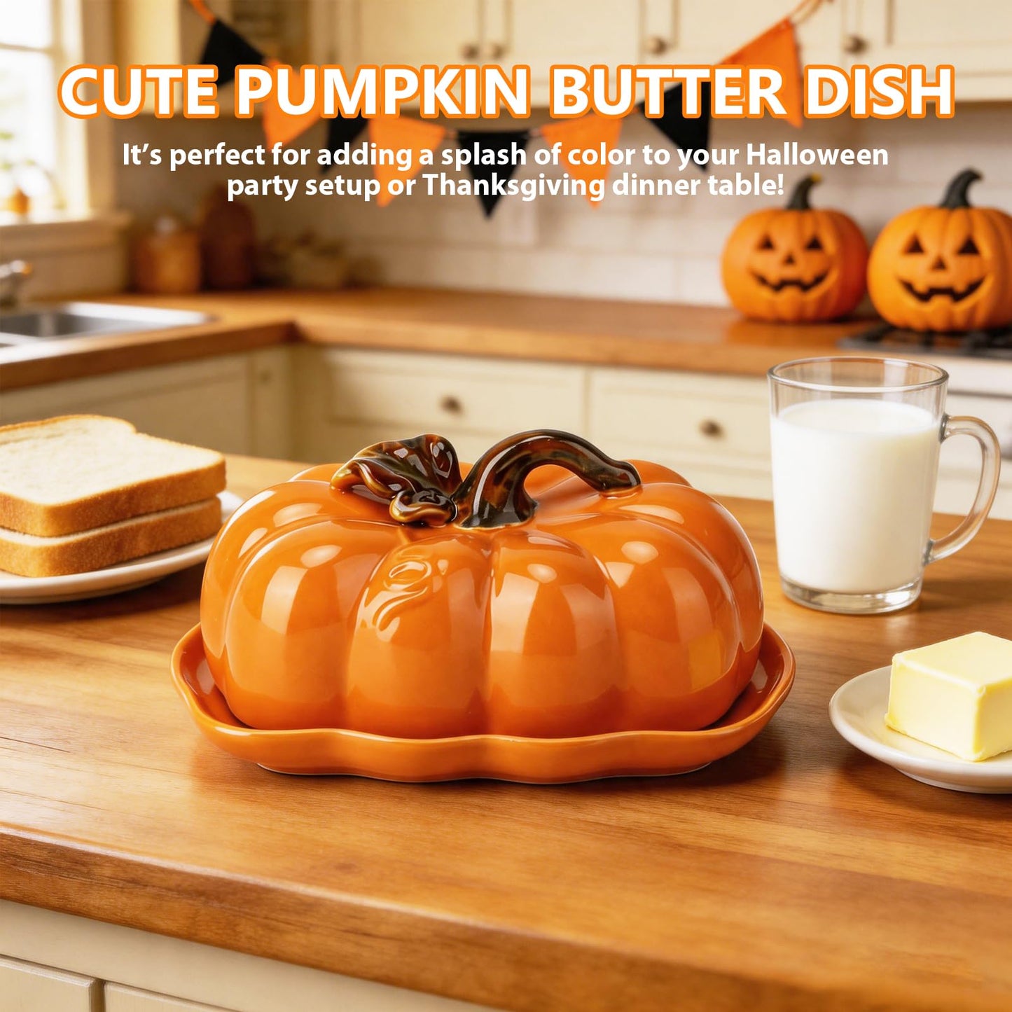 FTNESGYM Butter Dish with Lid for Countertop, Ceramic Cute Pumpkin Butter Container, Serving Tray with Cover, Decor Dinnerware for Halloween Thanksgiving Pumpkin Party (Orange)