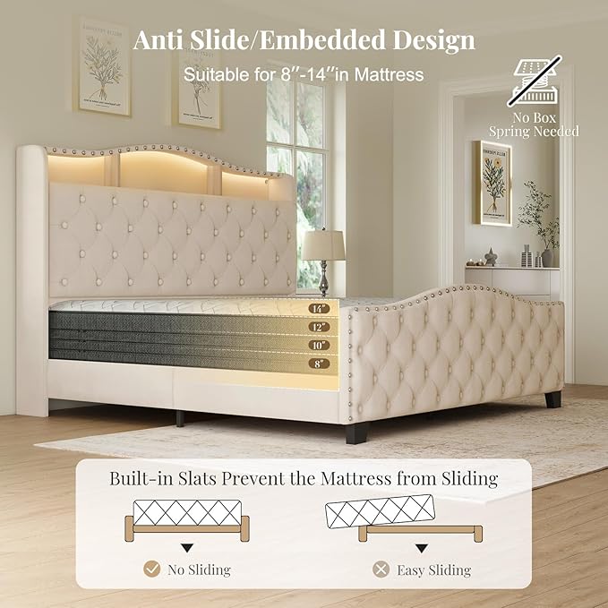 Belffin Queen Size Bed Frame and Headboard, 50.9" Velvet Upholstered Wingback