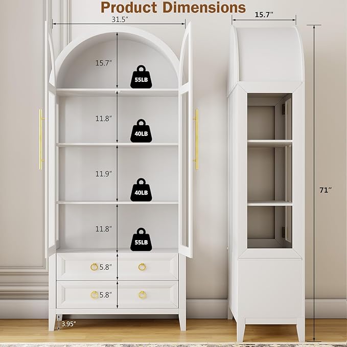 Arched Curio Cabinet with Glass Doors, 4-Tier Display Cabinet with 2 Drawers