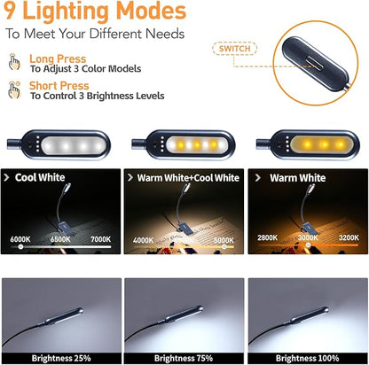 VAVOFO Rechargeable Book Light for Reading in Bed Kids, 7 LED Reading Light with 9-Level Warm Cool White Daylight, Eye Care Lamp with Power Indicator for Bookworms (Metallic Grey)
