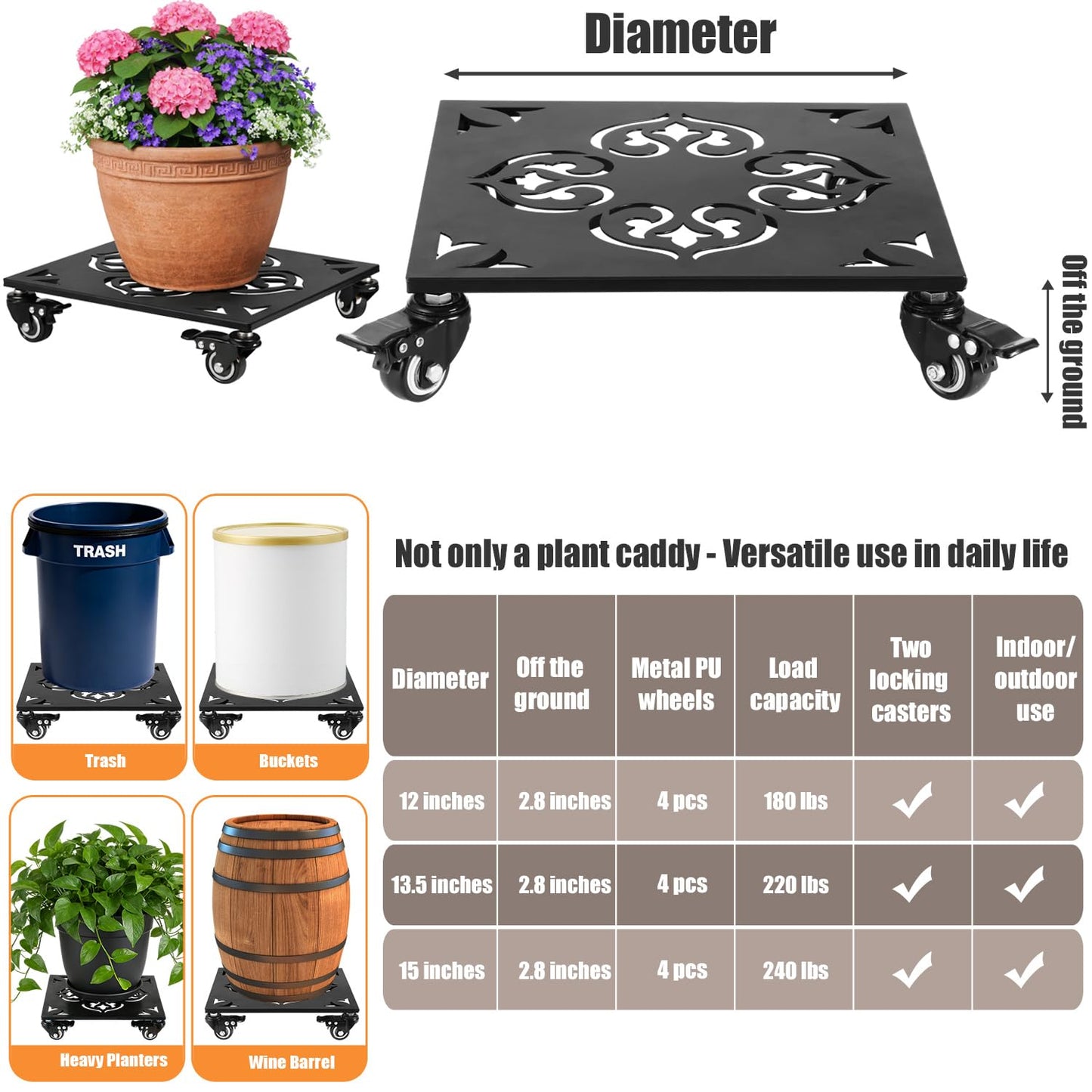 1 Pack Large Square Metal Plant Caddy with Wheels 13.5 Inches Heavy-duty Rolling Plant Stands with Casters Wheeled Flower Pot Mover Rollers Rust-proof Iron Planter Dolly Coasters Indoor Outdoor Use