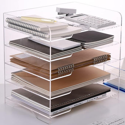 Acrylic Paper Letter Tray Organizer, 5 Tiers, Transparent, Modern, Rectangular, Stackable, Office