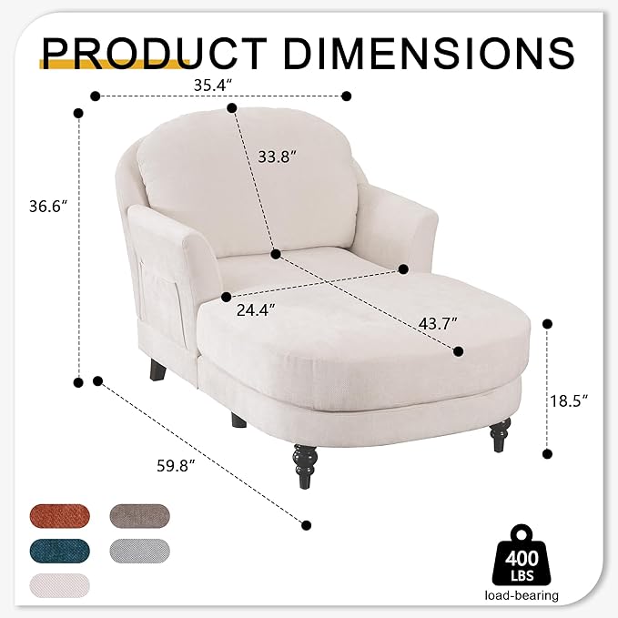 Chaise Lounge Chair Indoor, 59.8" Oversized Couch Reading Chairs，Chenille