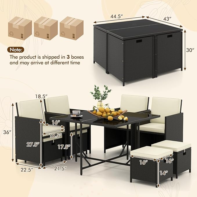 Tangkula 9 Pieces Outdoor Dining Furniture Set, Space-Saving Wicker Rattan