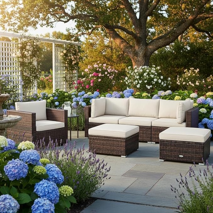 Tangkula 6 Pieces Wicker Patio Furniture Set, PE Rattan Outdoor Sectional