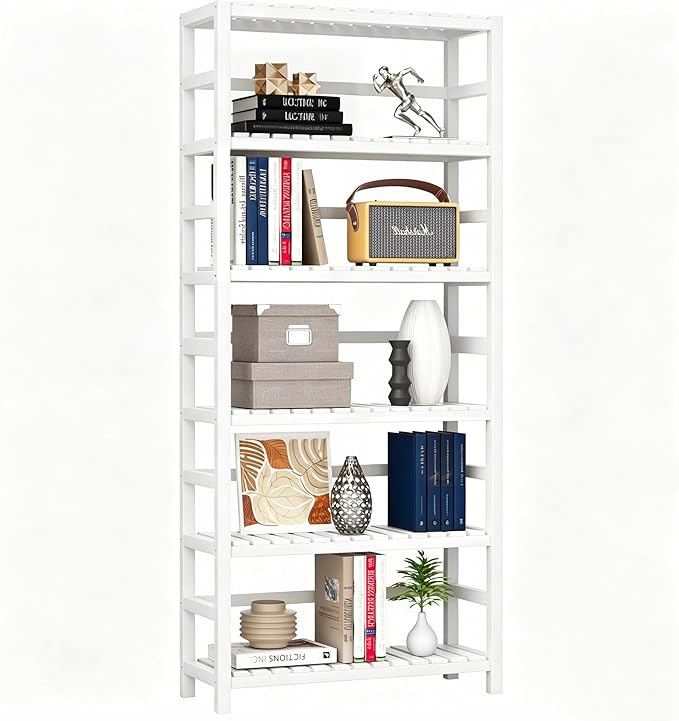 VASMIA 6-Tier Bamboo Shelf, Bamboo Storage Shelving Unit, Tall Bookcase