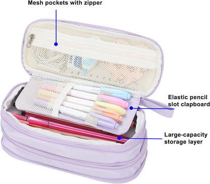 Big Pencil Case Zipper Pencil Pouch Organizer Large Capacity Pen Bag with Handle Portable for Girls Kids Adults Gift Pen Case for School Home Office Purple