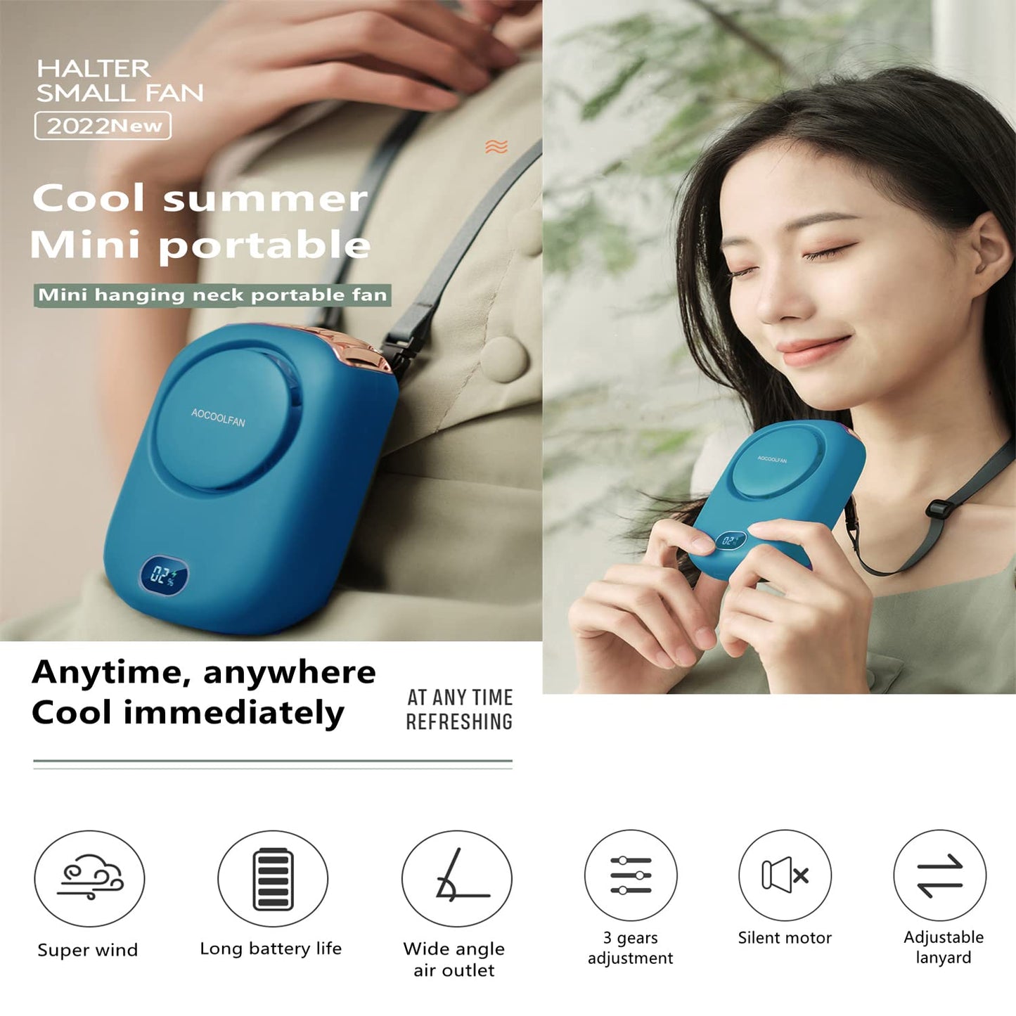 AOCOOLFAN Portable Neck Fan, Mini Small Personal Handheld Fan USB Rechargeable 3 Speed for Girls Boys Woman Eyelash Travel Home Office Outdoor (Blue)