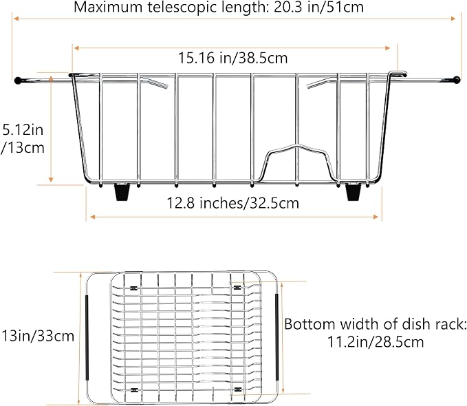 NiuYichee Stainless Steel Dish Drying Rack(15"L X 12.6"W X 4.7"H), Expandable Fruit & Vegetable Drain Rack over Sink, Dish Drainer Rack in Sink, with Stainless Steel Utensil Holder & Silicone Mat(16")