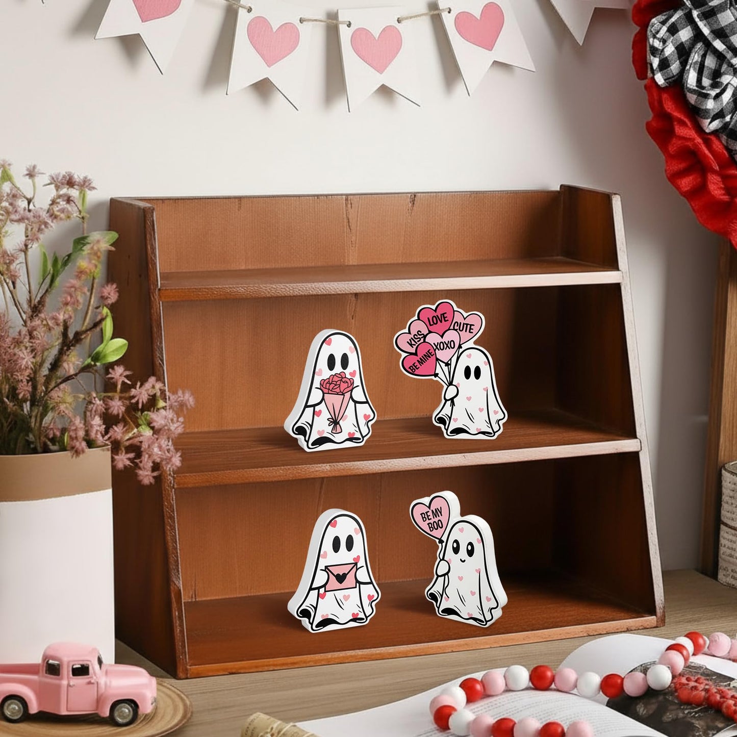 Novabright 4 Pcs Valentines Day Ghost Table Decorations Wooden Pink Heart Horror Valentines Decor Cute Ghost Boo Tiered Tray Decor Wood Centerpieces Signs Tabletop for Home Office Party Love Gifts