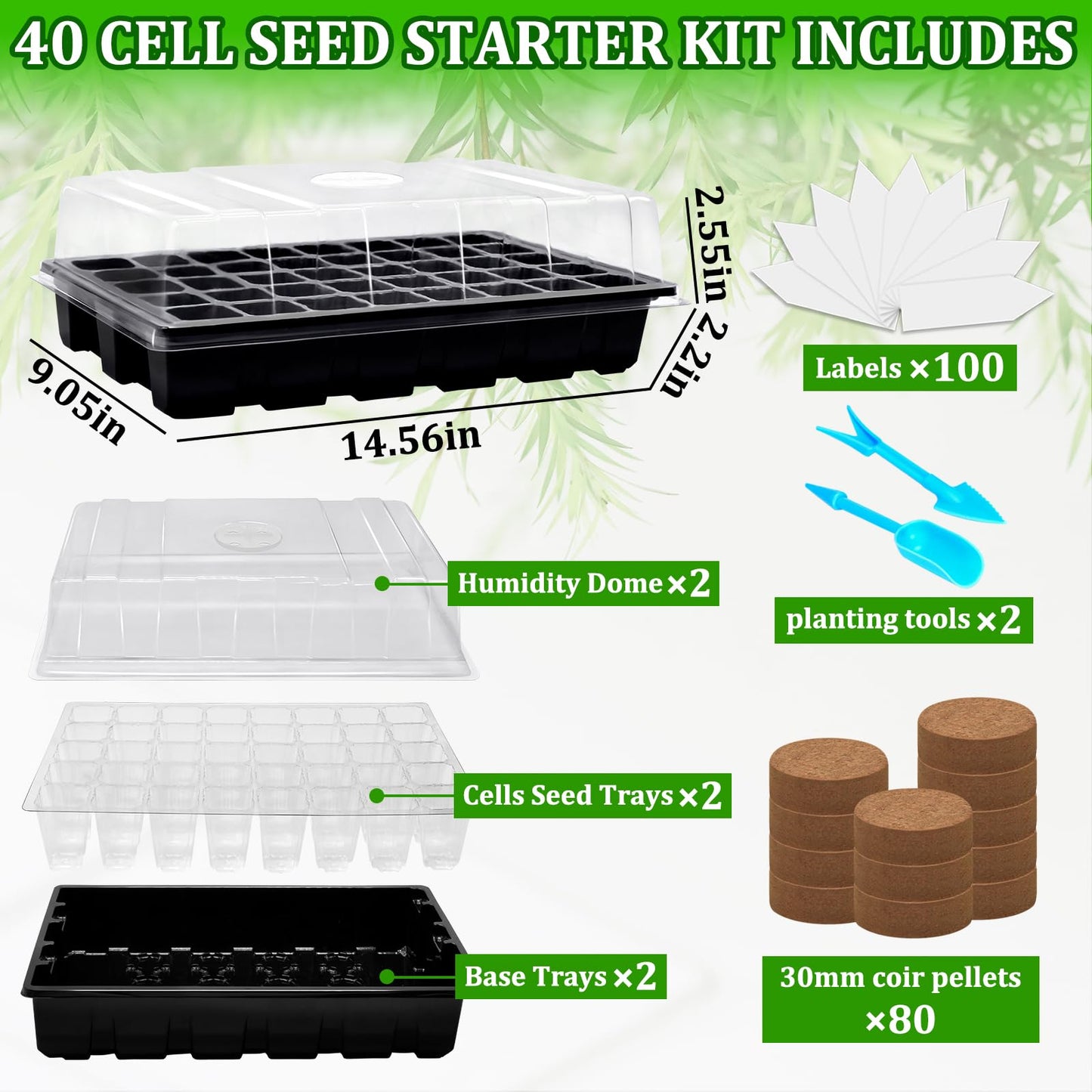 Halatool 2 Pack Seed Starter Trays with 80 Pcs Coco Pellets, Greenhouse Indoor Seed Germination System for Herbs Vegetables Flowers, Seed Starter Kit