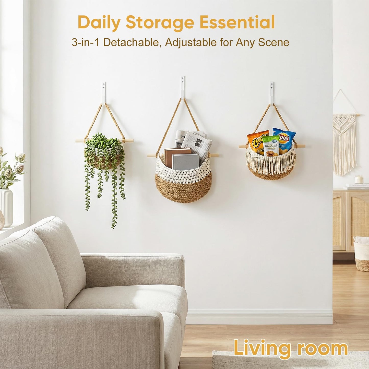 GLDFI Boho Style Handwoven Rope Hanging Basket - 3-Tier Detachable Storage Organizer for Kitchen/Bathroom/Entryway, 3 Included Heavy-Duty Hooks, 7 Color Options Available (Brown)