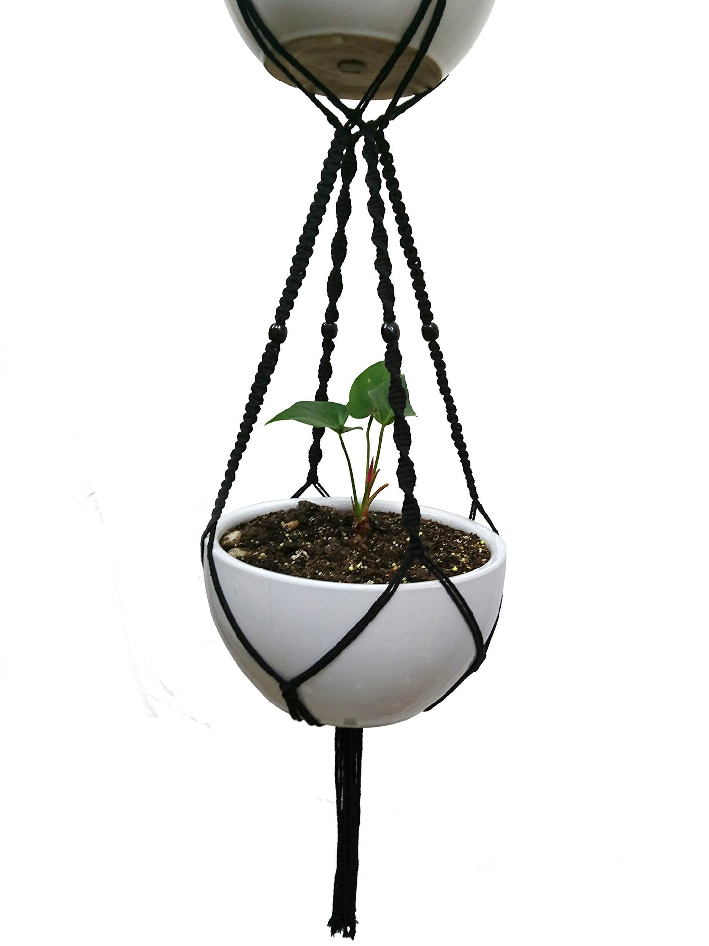 Macrame Plant Hanger & Holder, Hanging Planter 4 Legs Double Deck for 8 inch to 10 inch Two Pots Indoor Outdoor Hanging Planter Cotton Rope 67 Inch with Metal Ring (Cotton-Black)