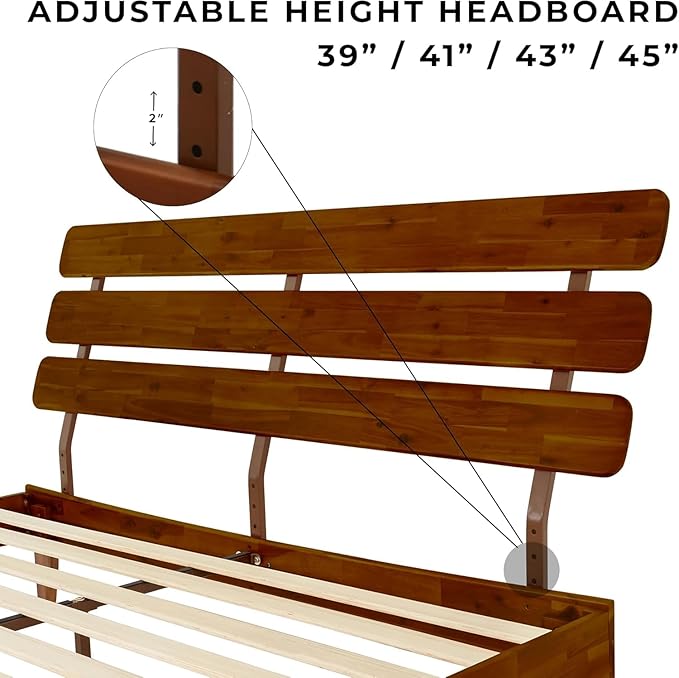 Bme Caden King Size Bed Frame and Adjustable Headboard, 15 Inch Mid Century