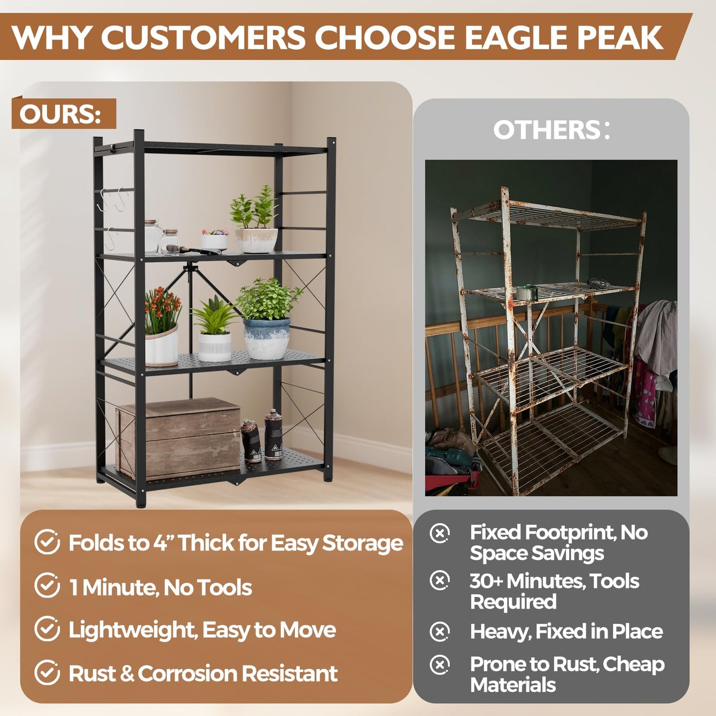 EAGLE PEAK 4-Tier Foldable Greenhouse Shelf, Heavy Duty Metal Storage Rack, No Assembly Steel Shelving Unit, Plant Stand for Greenhouse and Multi-Use Storage, 28”x14.6”x44.7”, 520 lbs, 2 Pack, Black