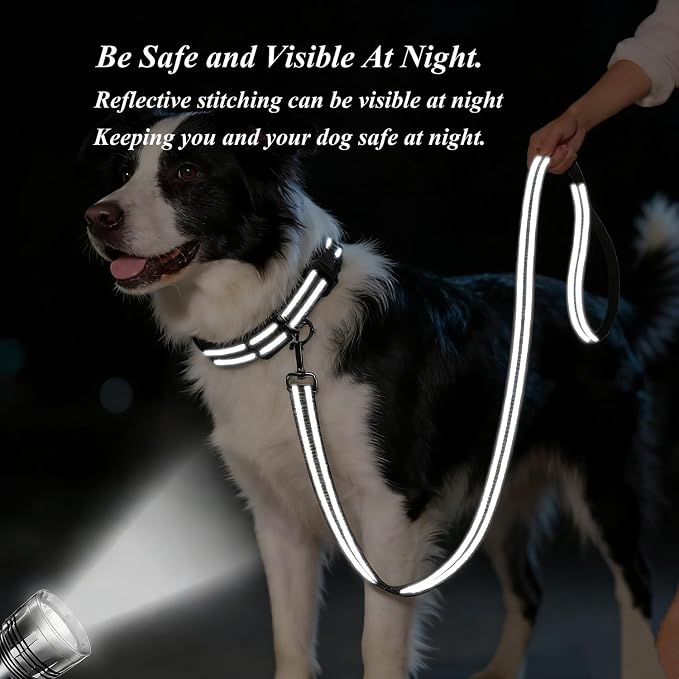 Dog Collar Leash Set, Gradient Color, with Safety Reflective Strips, 5 ft Matching Leash, Neoprene Padded Handle, Adjustable 4 Sizes for Small Medium Large Dogs.(M, Black Grey)