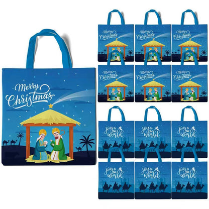 Lyosehy 12PCS Christmas Nativity Non Woven Bags Merry Christmas Goodie Bags Bulk with Handle Joy to the World Party Treat Bags for Jesus Holiday Theme Birthday Party Supplies Decorations