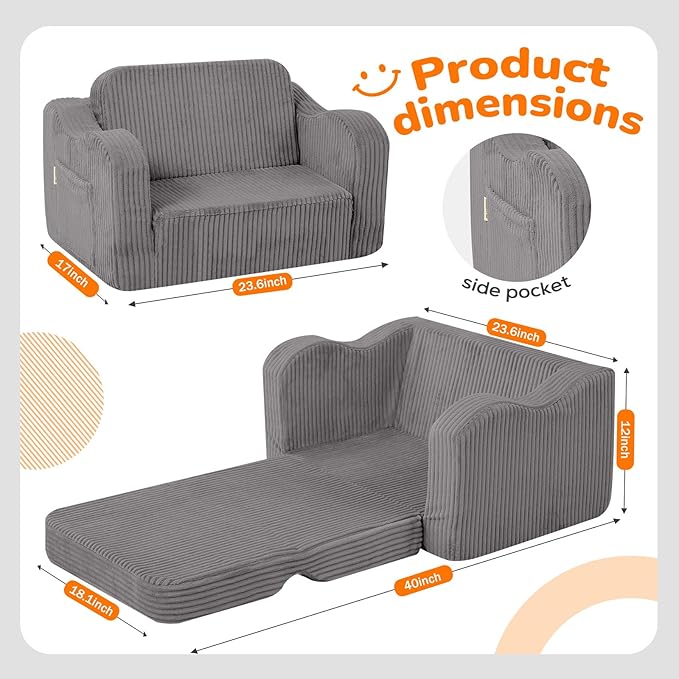 MeMoreCool Toddler Chair Comfy for 1-3 Years Old, Corduroy Kids Couch Bed Fold
