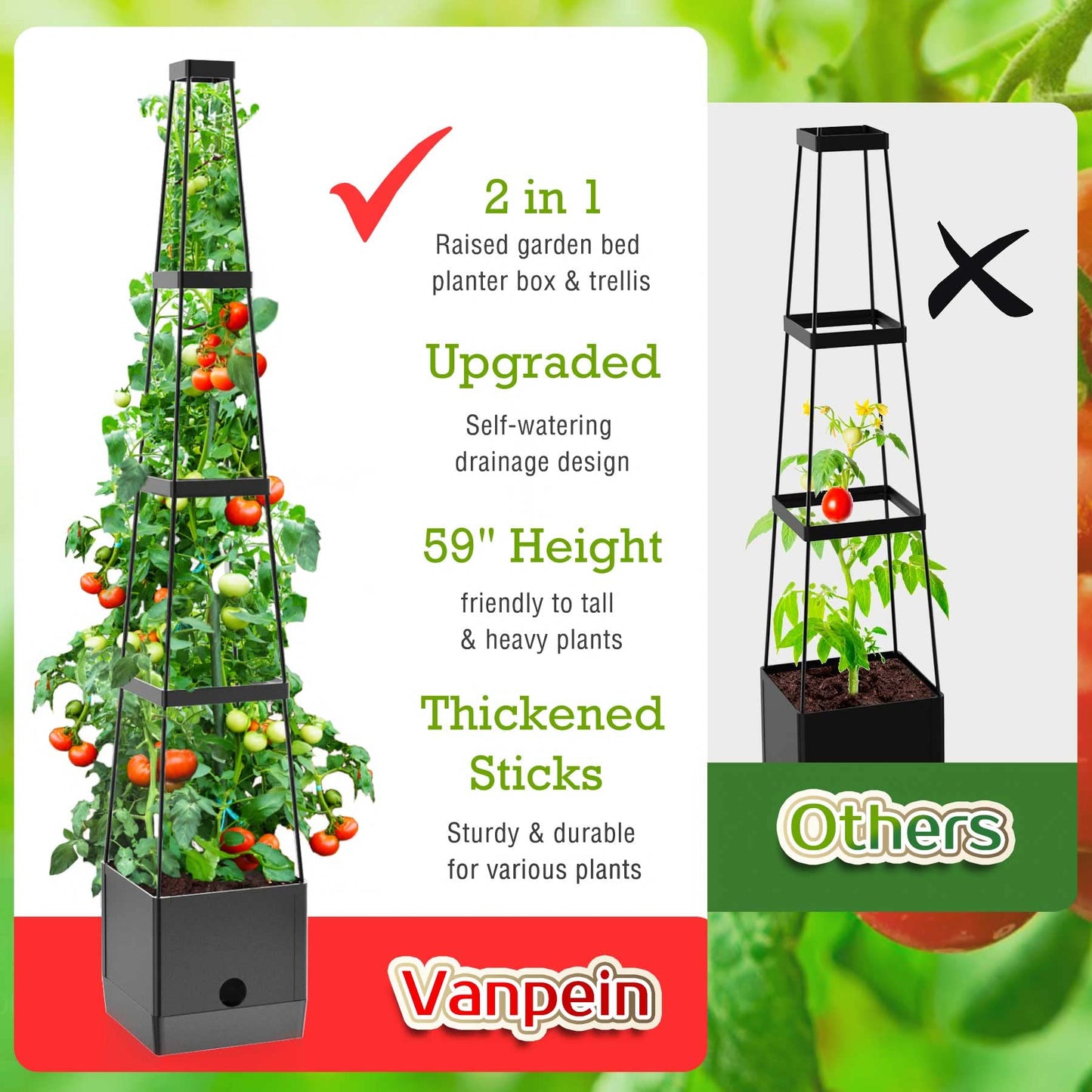 Raised Garden Bed Planter Boxes & Trellis, vanpein Tomato Cage & Planter Pot Outdoor 59" Plant Support with Self Watering for Climbing Vegetable Flowers Vines Plants, Gray