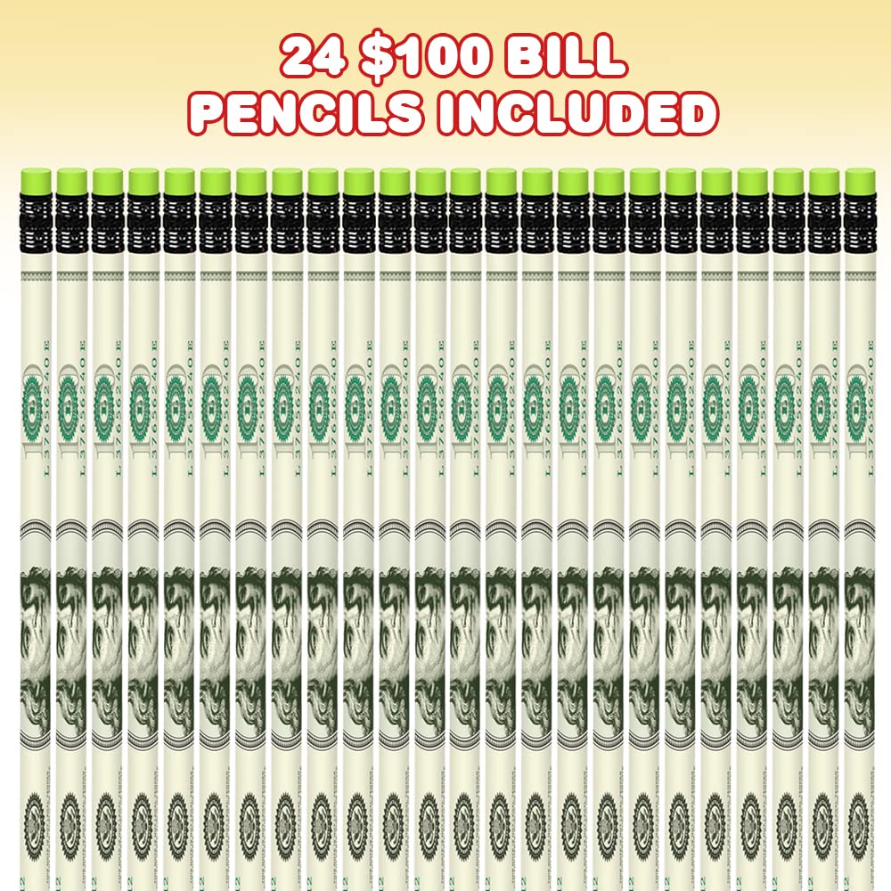 ArtCreativity $100 Bill Pencils - Set of 24 Fun Money Pencils with Erasers, Birthday Party Favors, Goody Bag Fillers & Classroom Teacher Supplies