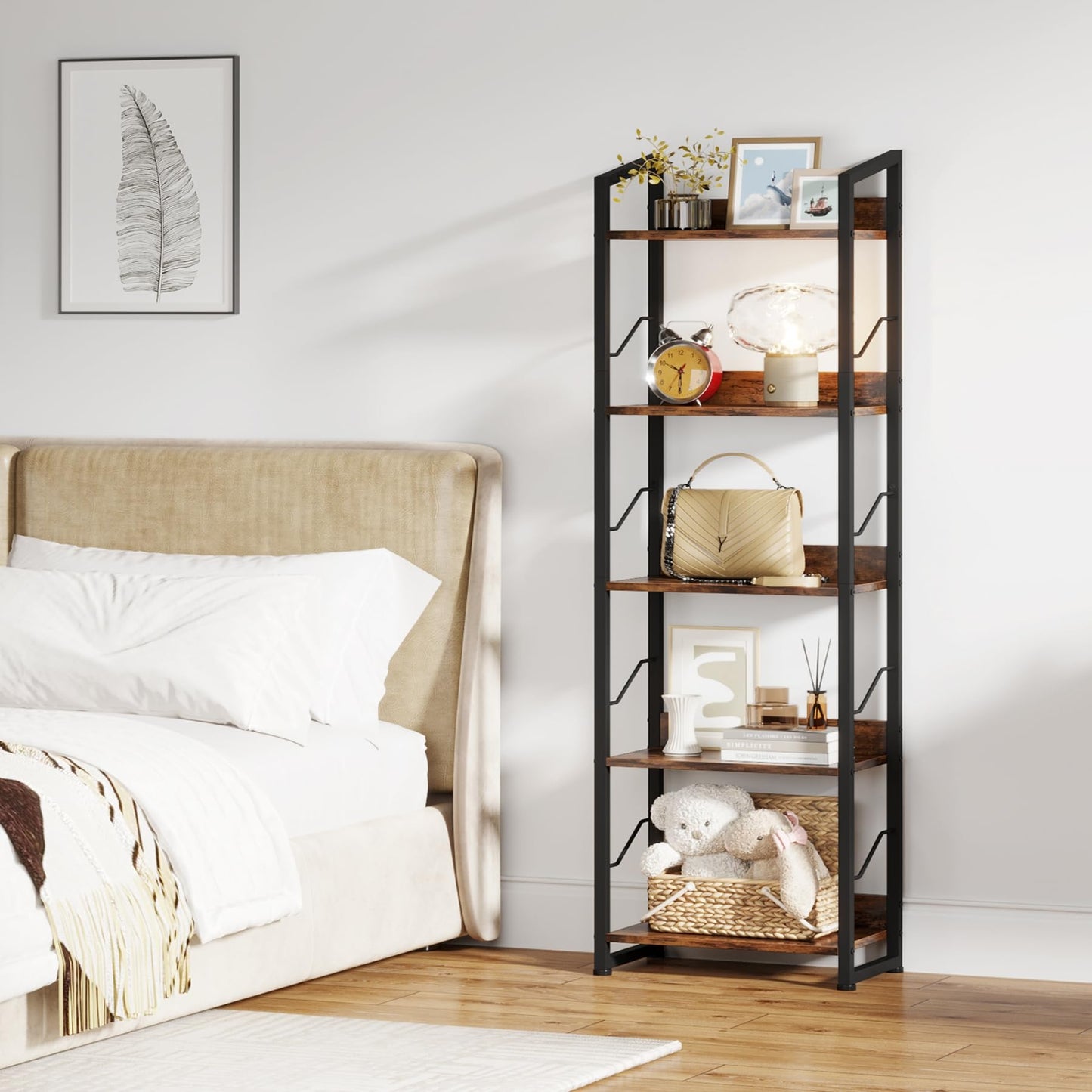 Hosfais 5 Tier Tall Bookshelf: Industrial Wood Book Shelf with Edge Protection Metal Narrow Bookshelf Bookcase Storage Organizer Display Rack for Living Room Home Office (Rustic Brown)