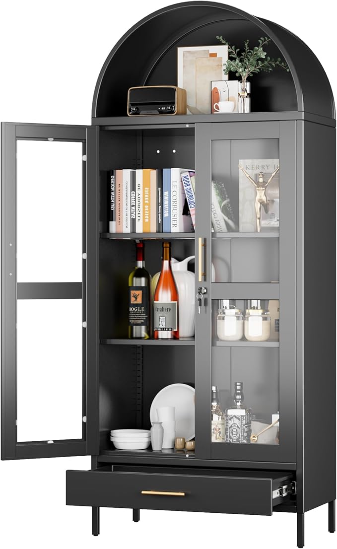 Arched Cabinet with Glass Doors, Modern Kitchen Pantry Cabinet with 2