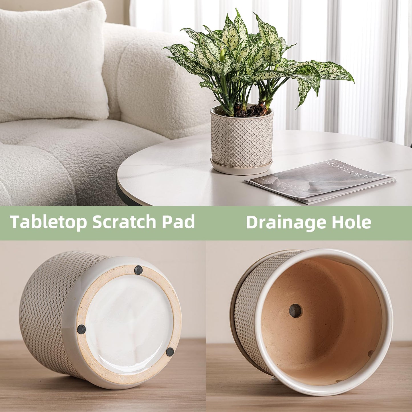 Chubacoo 5.8 Inch Plant Pot: Ceramic Planter with Drainage Hole & Saucer for Indoor Outdoor Plants - Flowerpot with Bonded Tray for Home Office - Beaded Embossed Style, Cream White