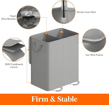 Lifewit Double Laundry Hamper with Lid and Removable Laundry Bags, Large Collapsible 2 Dividers Dirty Clothes Basket with Handles for Bedroom Laundry Room Closet Bathroom College, 155L Silver Gray