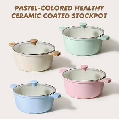 SENSARTE Ceramic Nonstick Stock Pot with Lid, 7 Quart Induction Cooking Pot with Tempered Glass Lid, Stew Pot for Soup and Oatmeal, Pasta Casserole, PFOA PFAS PTFE Free, Green